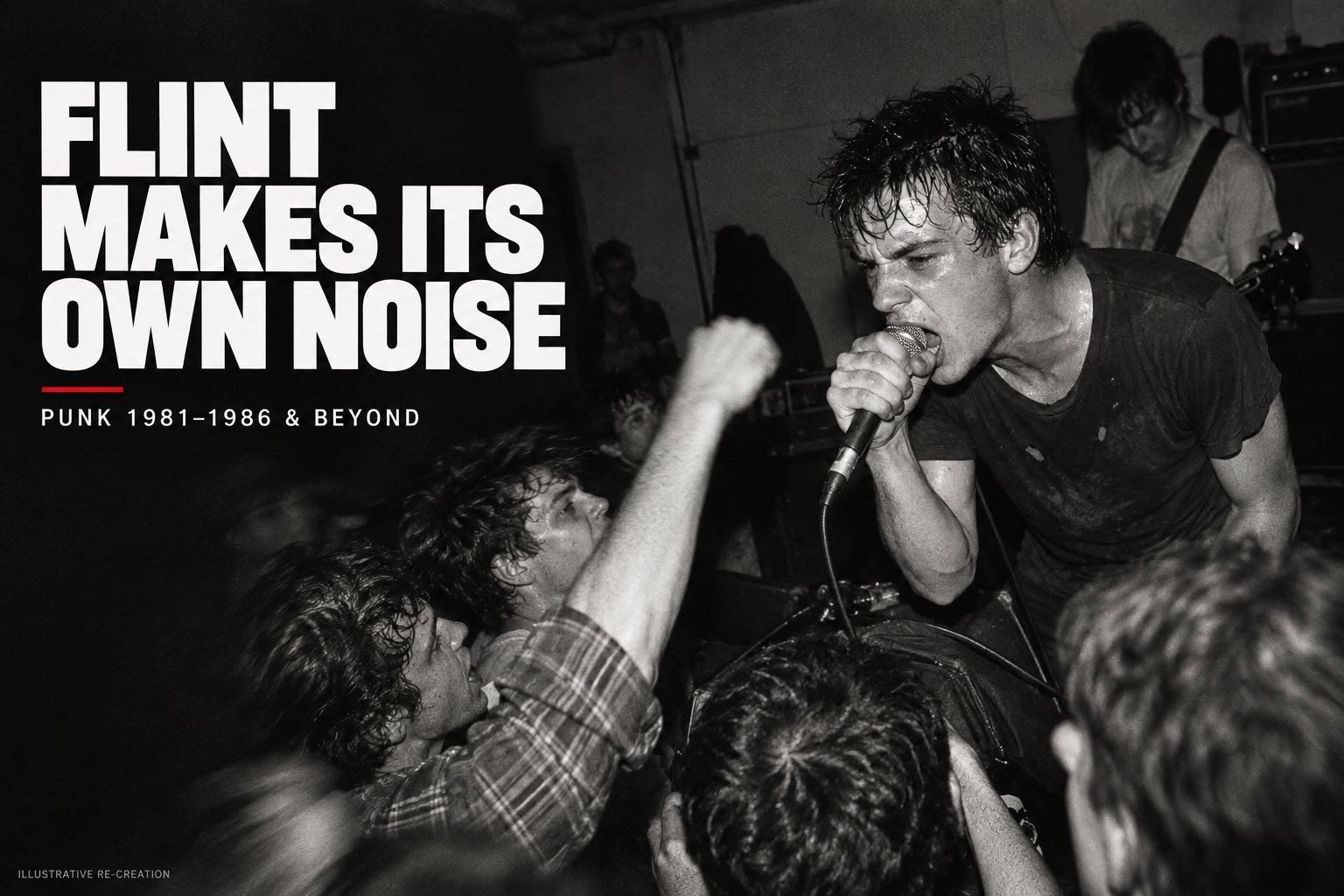 Black-and-white illustrative re-creation of a crowded punk show: a singer leans into the crowd as fists go up. Headline: Flint Makes Its Own Noise. Punk 1981–1986 and Beyond.